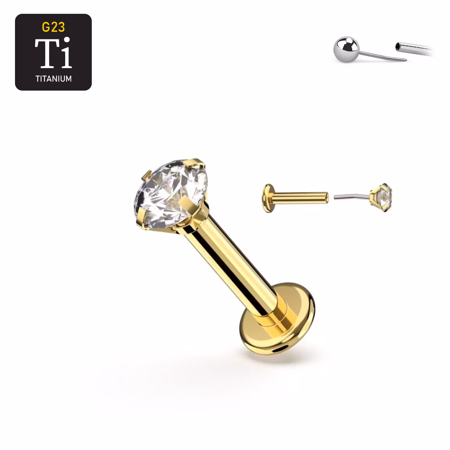 Titanium threadless labret 0.8mm PVD guld med klar 