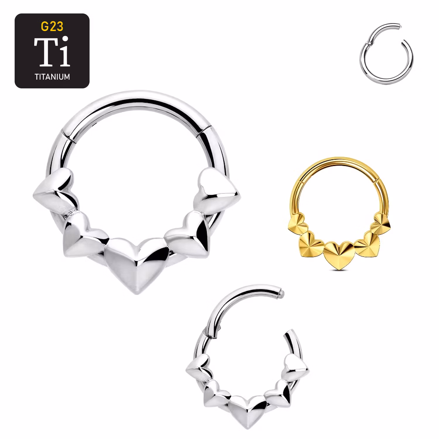 Clicker ring 1.2mm i titanium med hjärtan (8mm)