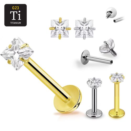 Titanium labret invändigt gängad 1.2mm med 2.5mm fyrkantig CZ