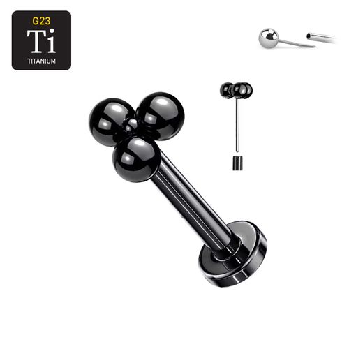 Threadless labret i svart PVD-pläterad titanium med litet bollkluster treenighet