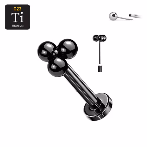 Threadless labret i svart PVD-pläterad titanium med litet bollkluster treenighet