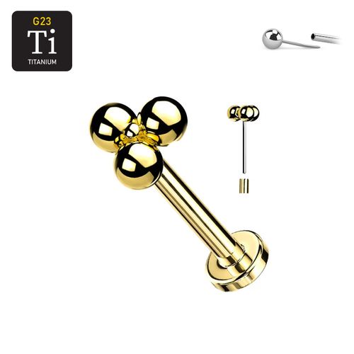 Threadless labret i guld PVD-pläterad titanium med litet bollkluster treenighet