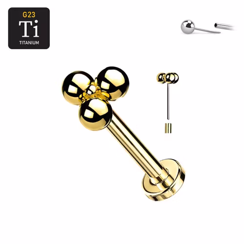 Threadless labret i guld PVD-pläterad titanium med litet bollkluster treenighet