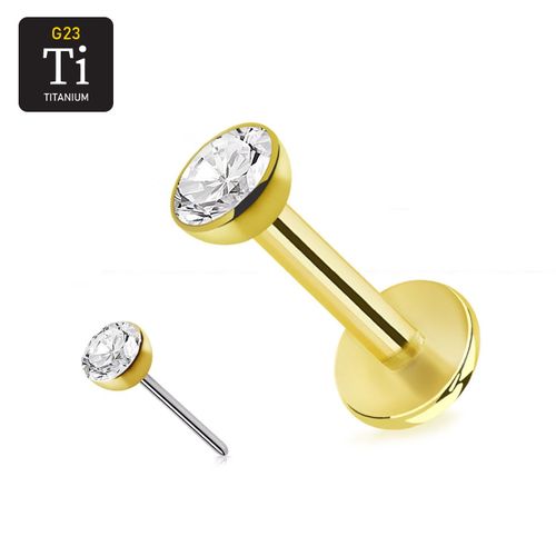 Titanium threadless labret 1.2mm PVD-guldpläterad med klar cubic zirconia topp
