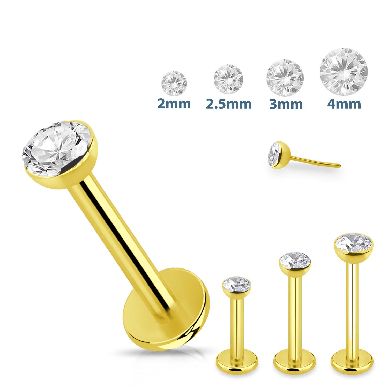 Titanium threadless labret 1.2mm PVD-guldpläterad med klar cubic zirconia topp