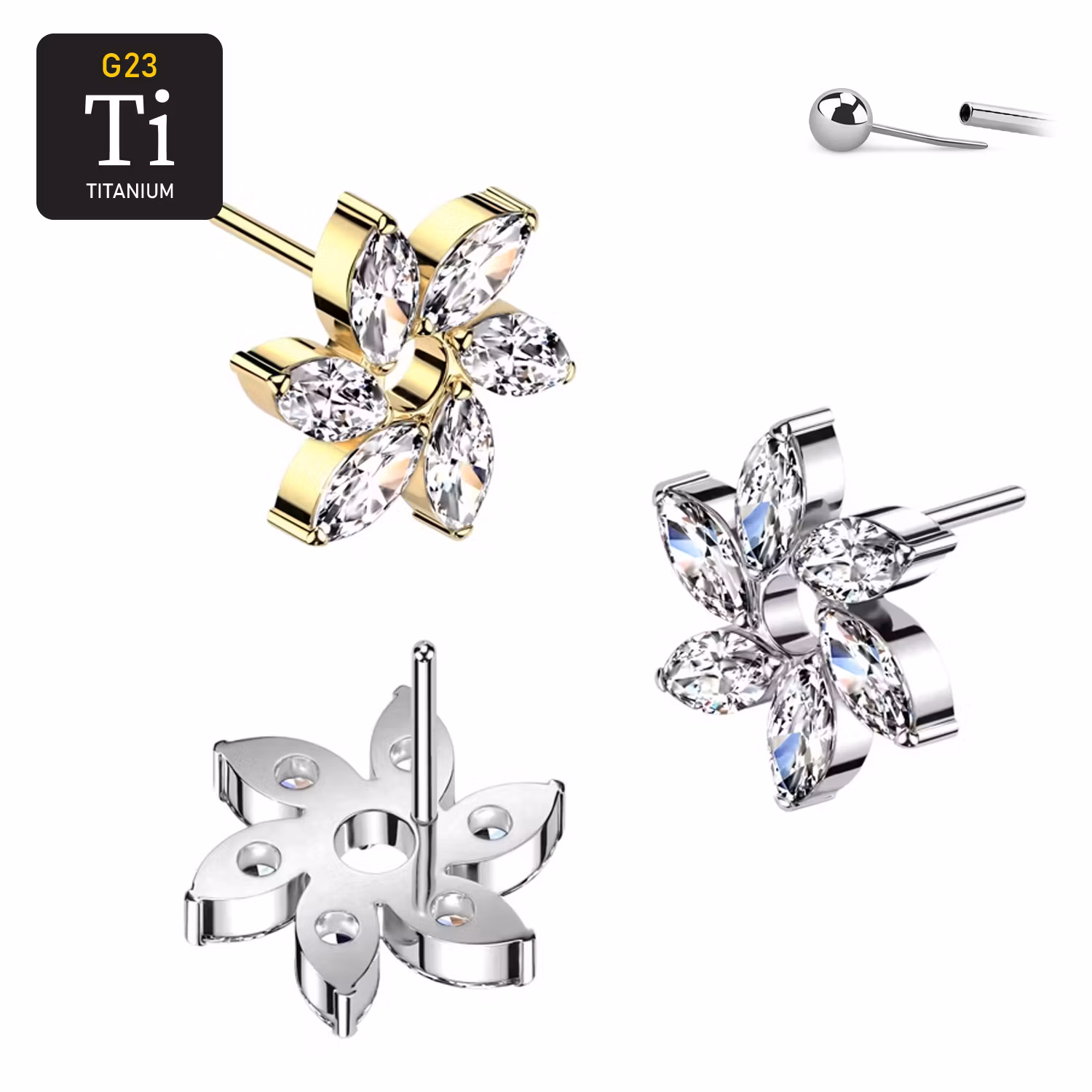 Threadless topp i titanium - Virvel / blomma med 6st navettslipade CZ