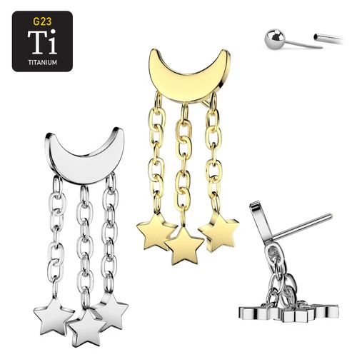 Threadless topp i titanium - Måne med tre hängande stjärnor