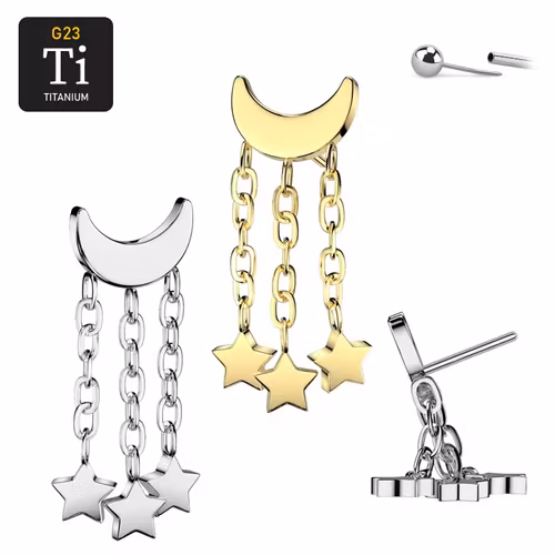 Threadless topp i titanium - Måne med tre hängande stjärnor