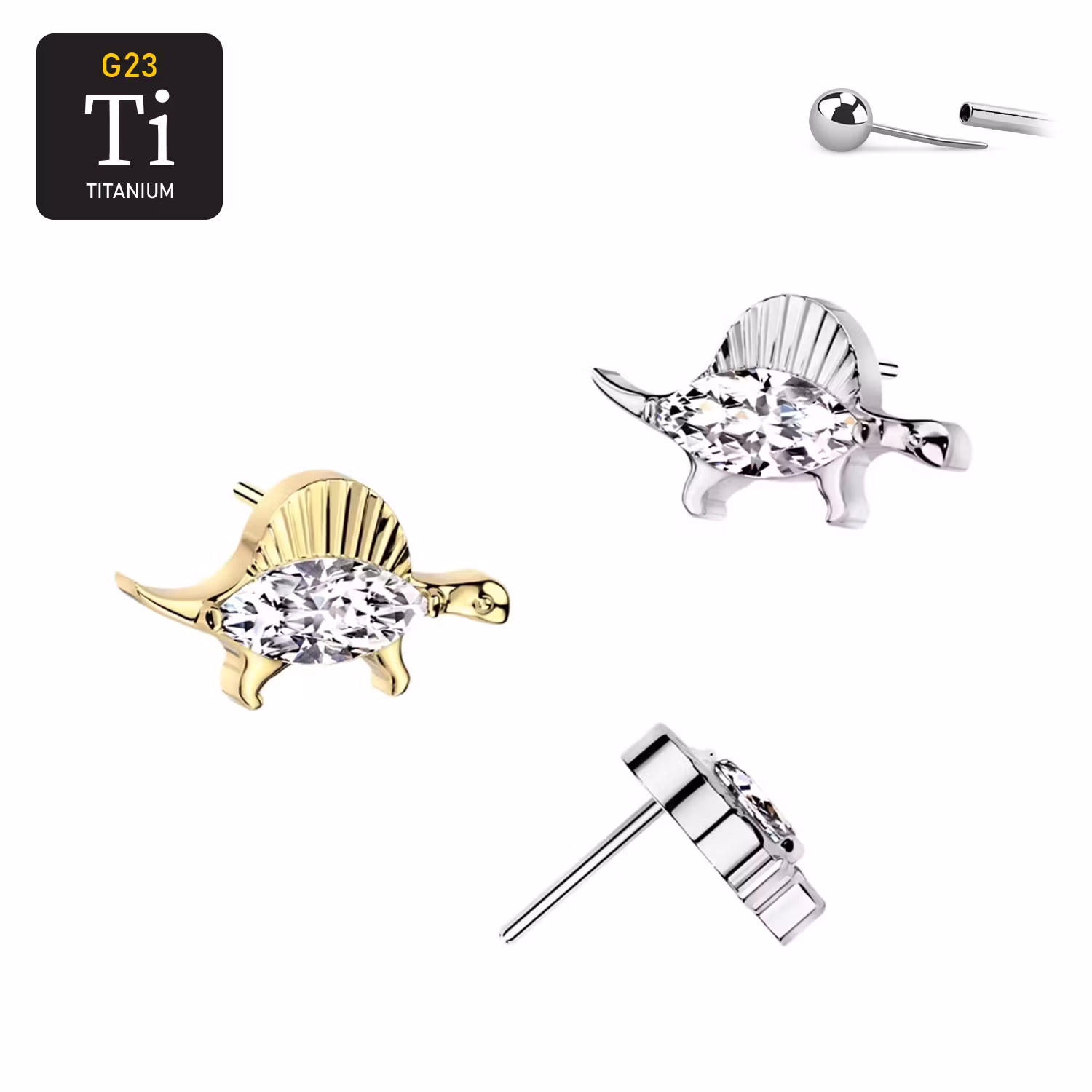 Threadless topp i titanium - Dinosaurie med CZ