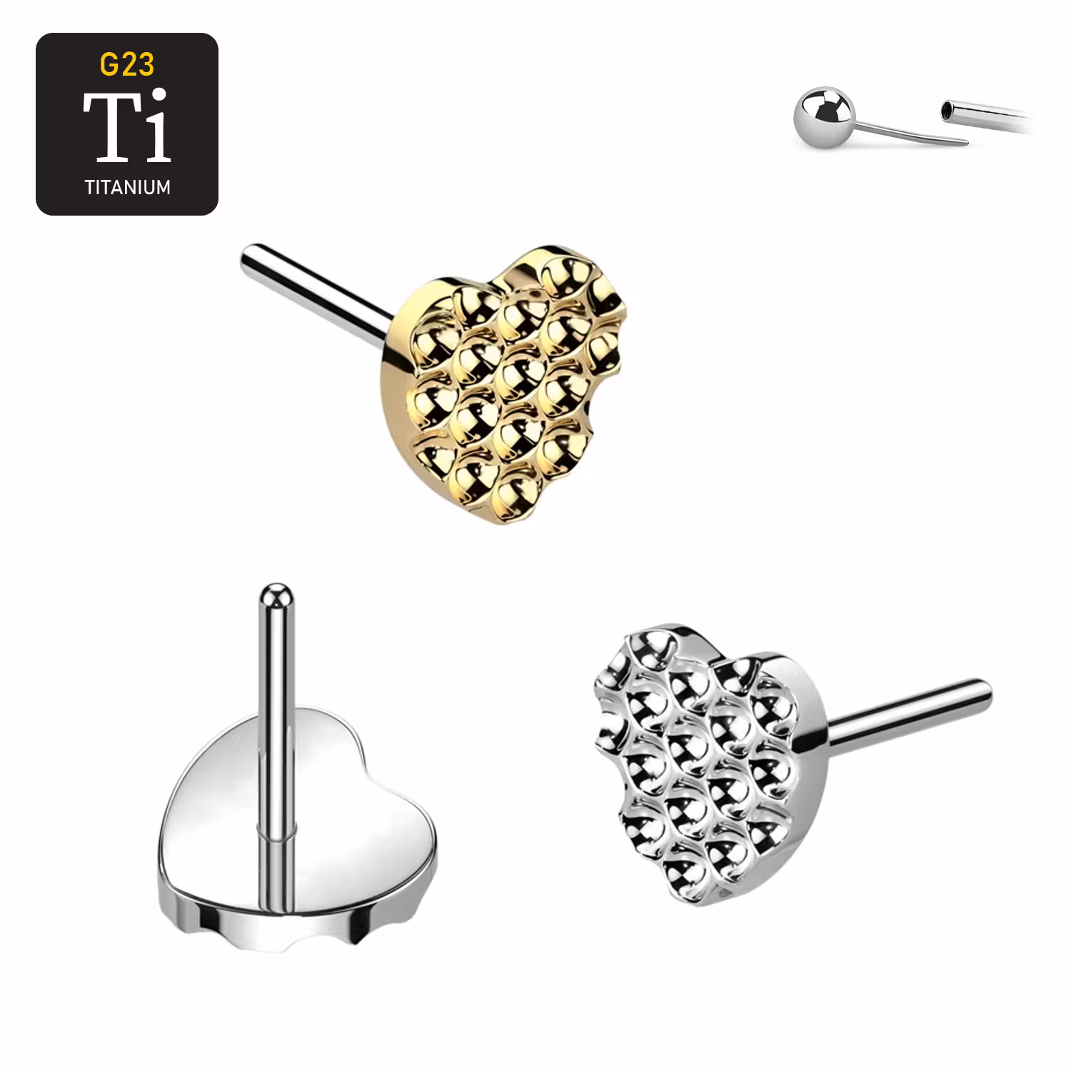 Threadless topp i titanium - Hjärtformad diamantpräglad topp