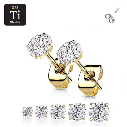 Titanium PVD guld ASTM-F136 Örhängen med rund prong-set cubic zirconia (par)