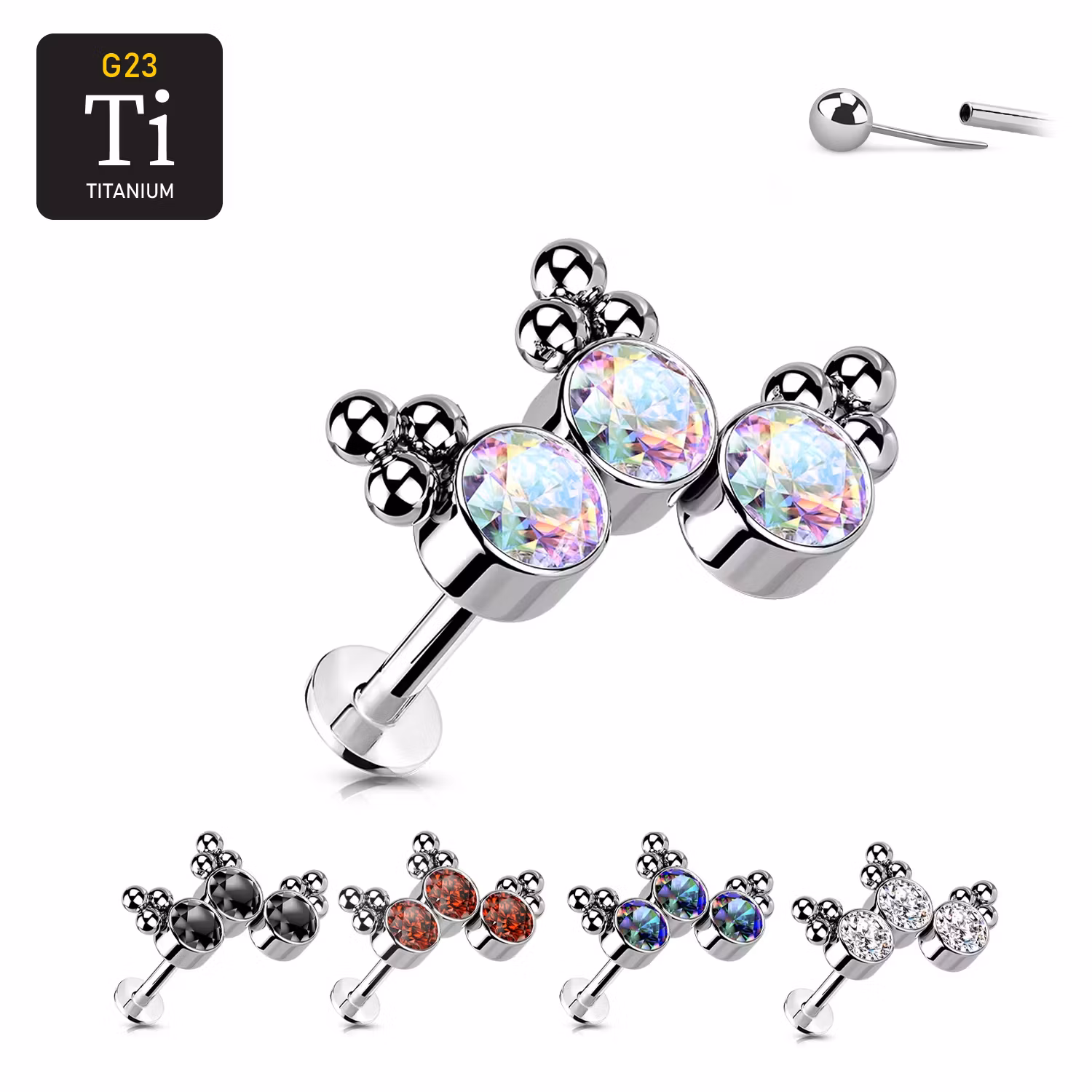 Threadless labret i titanium 1.2mm - Topp med 3st CZ och kluster