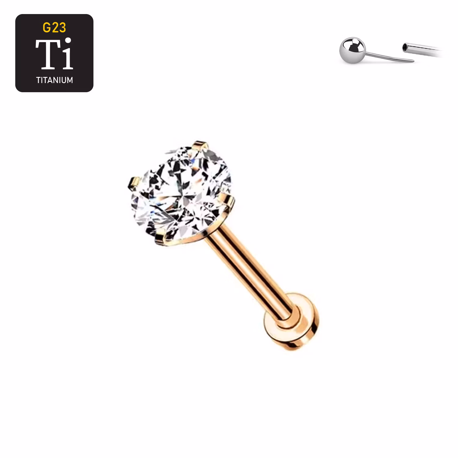 Threadless labret i Roséguld PVD-pläterad titanium med prong-set klar CZ
