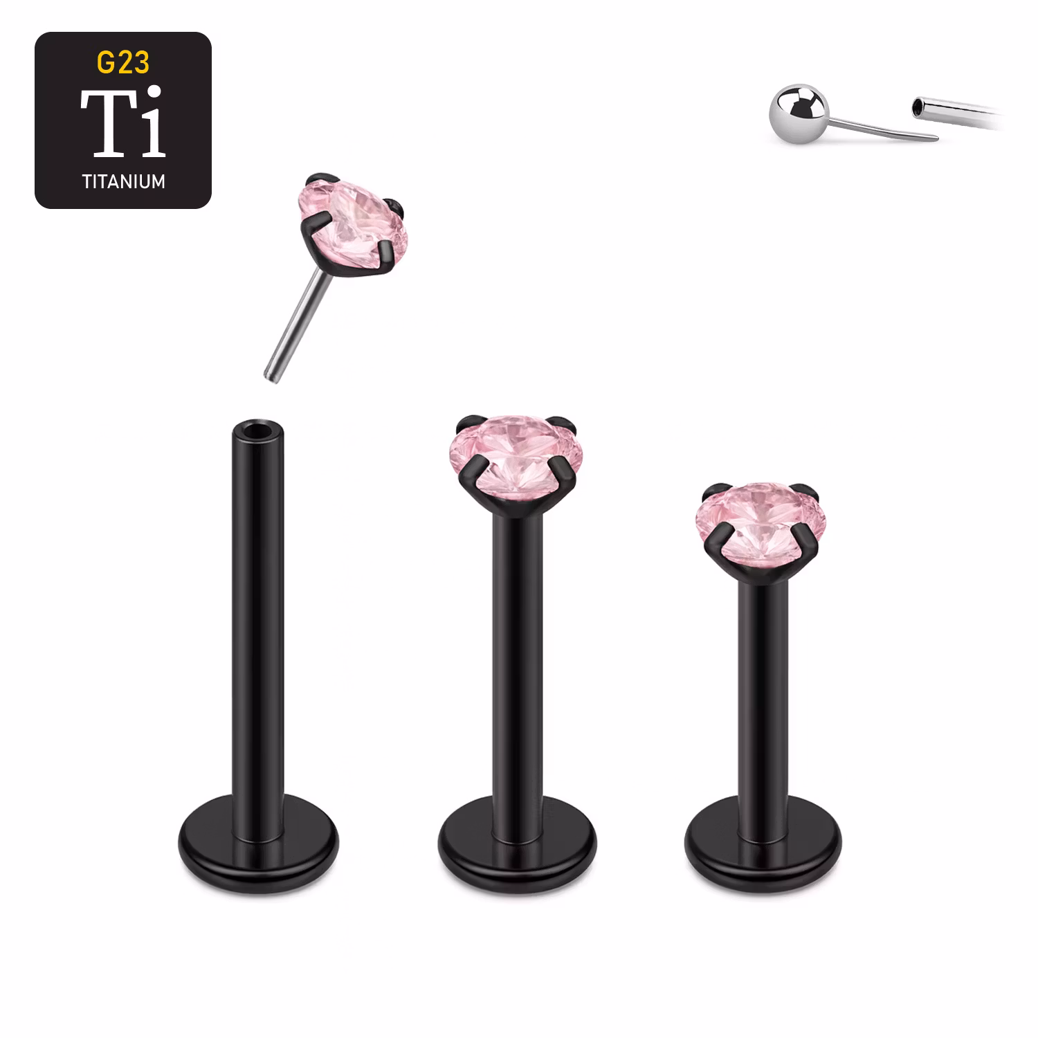 Threadless labret i PVD-pläterad titanium med prong-set rosa CZ