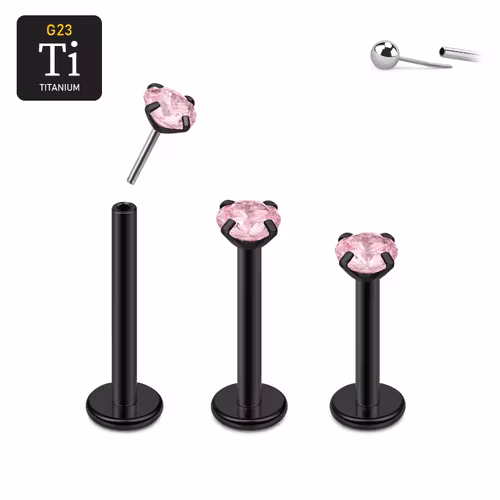 Threadless labret i PVD-pläterad titanium med prong-set rosa CZ