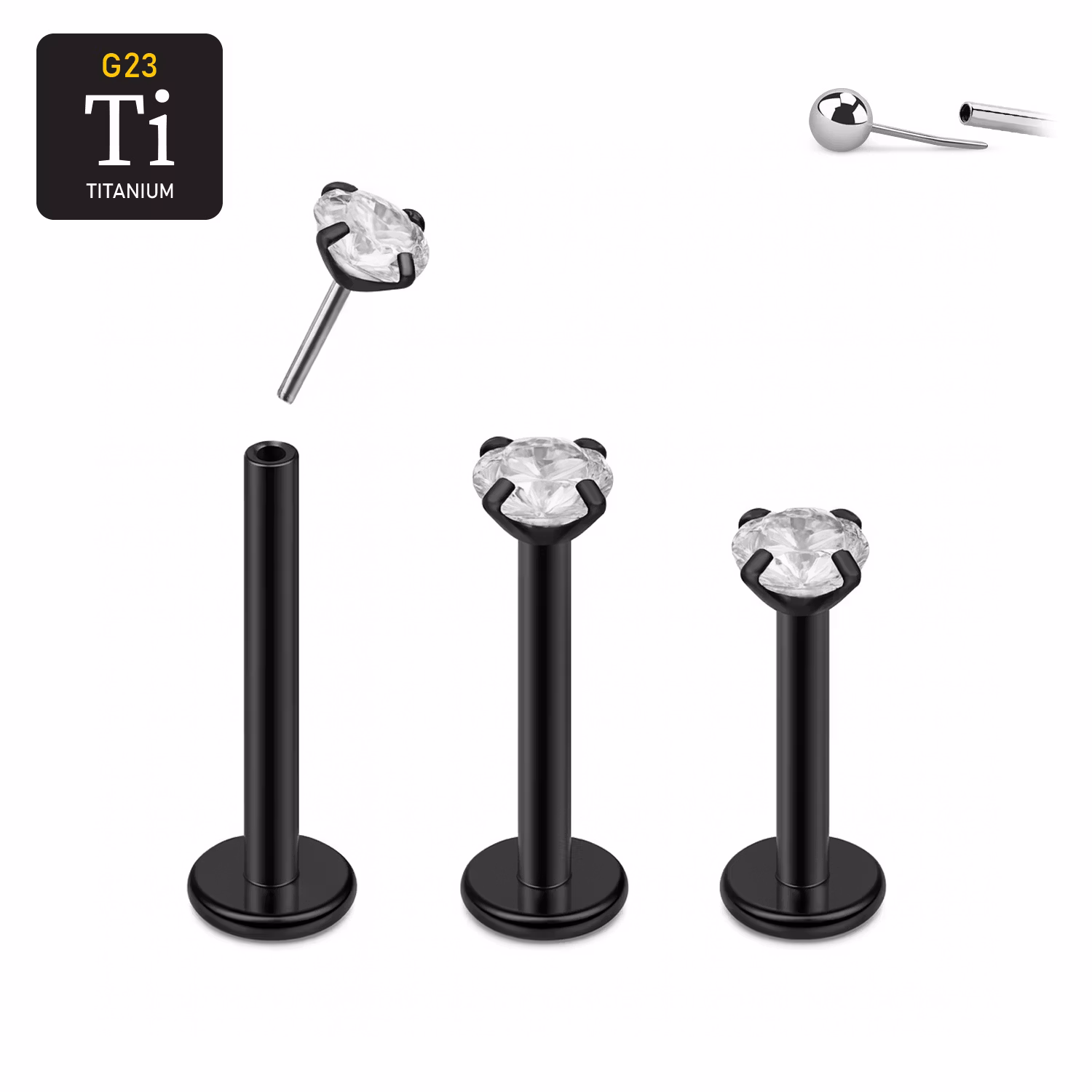 Threadless labret i PVD-pläterad titanium med prong-set klar CZ