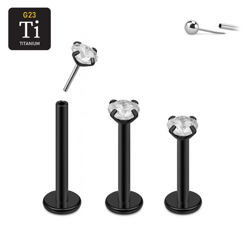 Threadless labret i PVD-pläterad titanium med prong-set klar CZ