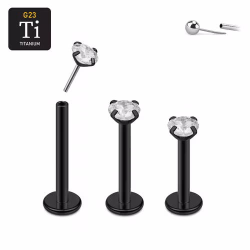 Threadless labret i PVD-pläterad titanium med prong-set klar CZ
