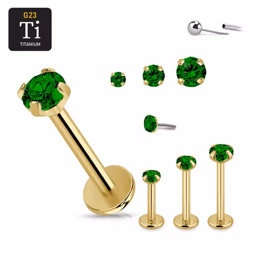 Threadless labret 1.2mm i guld PVD-pläterad titanium med prong-set emerald