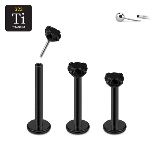 Threadless labret i PVD-pläterad titanium med prong-set svart CZ