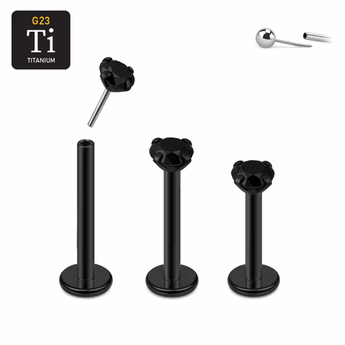 Threadless labret i PVD-pläterad titanium med prong-set svart CZ