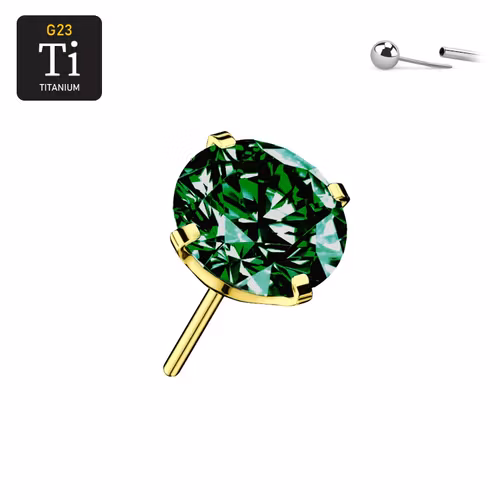 Threadless topp i PVD-guldpläterad titanium med prong-set emerald CZ