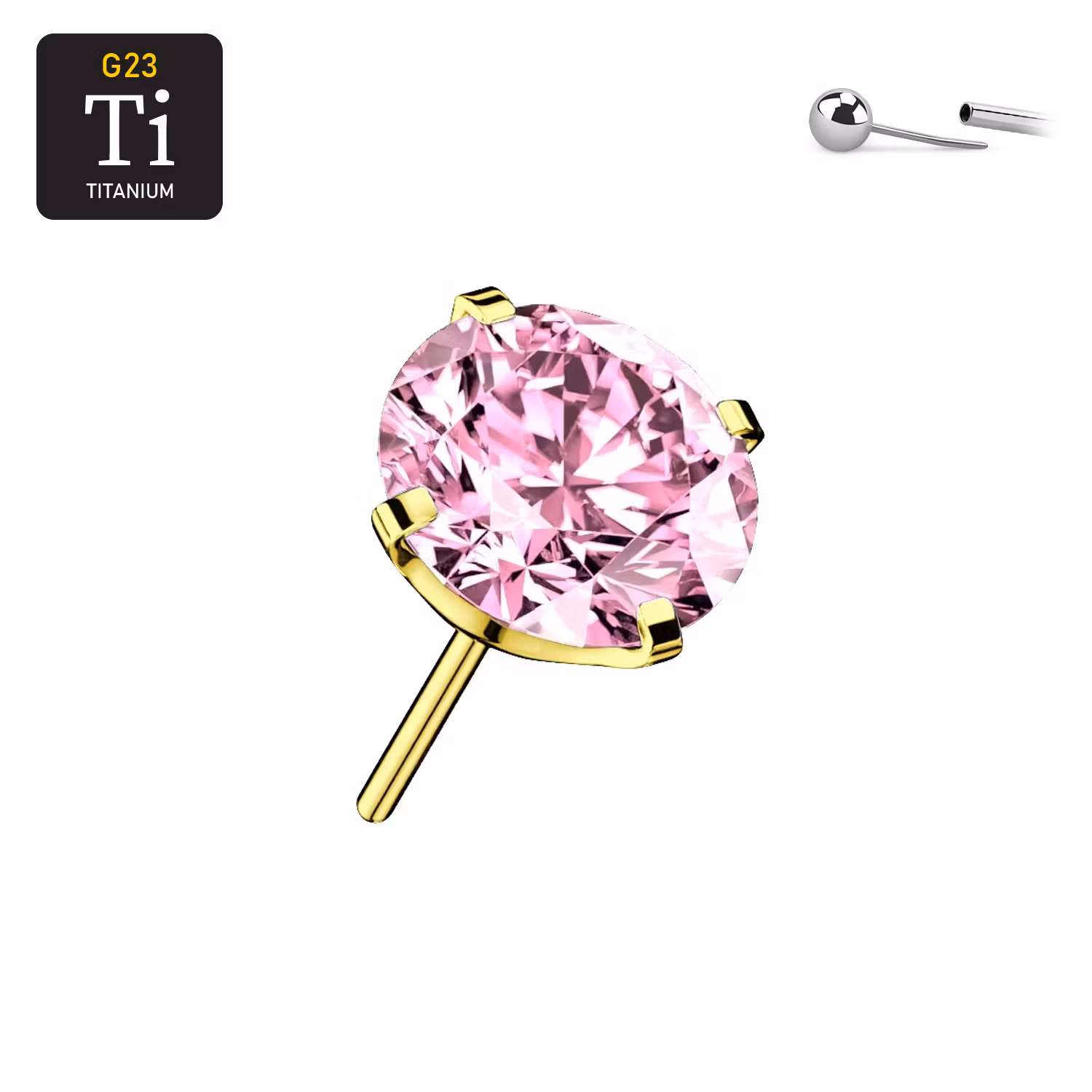 Threadless topp i PVD-guldpläterad titanium med prong-set rosa CZ