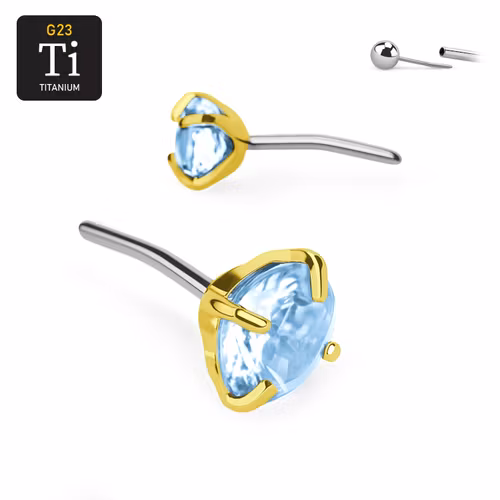 Threadless topp i PVD-guldpläterad titanium med prong-set aqua CZ