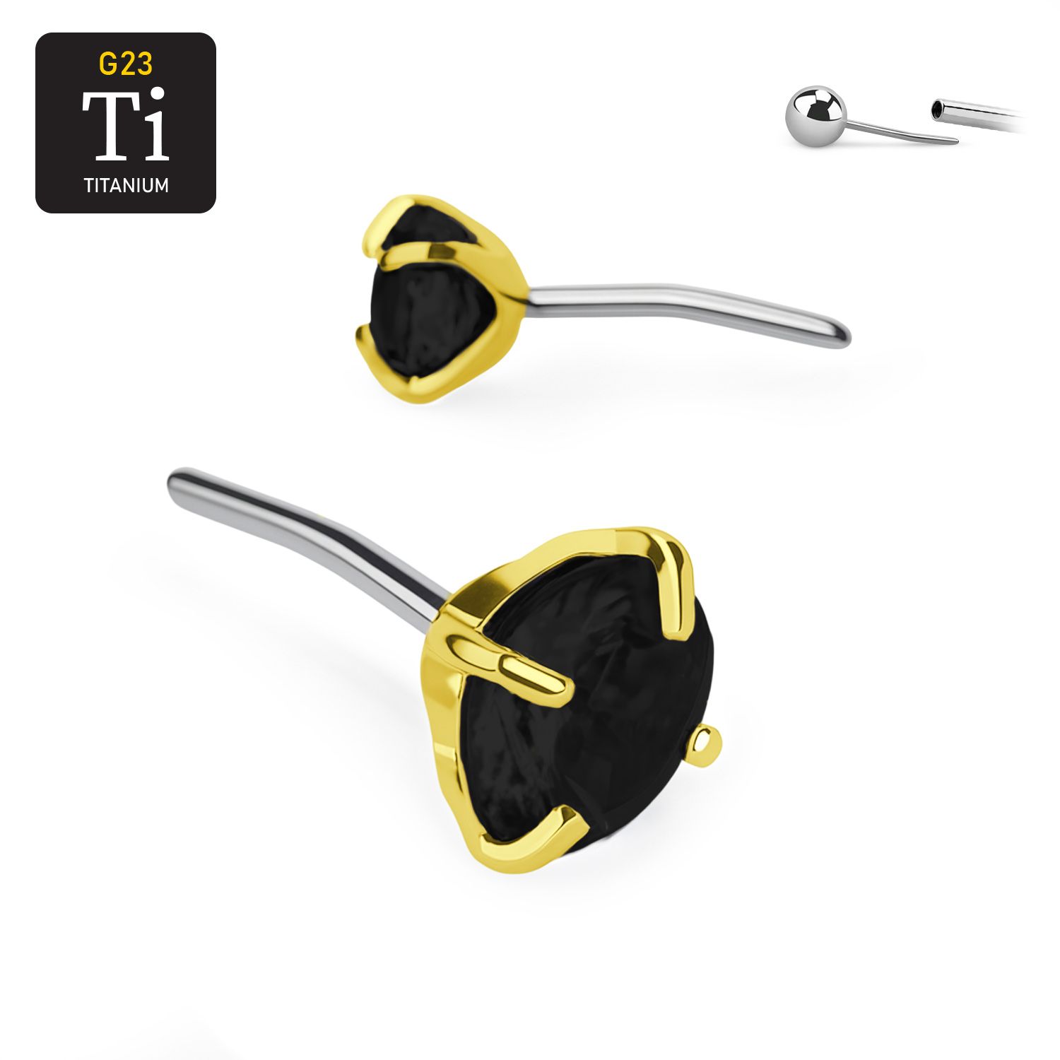 Threadless topp i PVD-guldpläterad titanium med prong-set svart CZ
