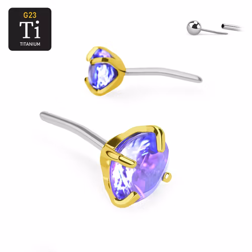 Threadless topp i PVD-guldpläterad titanium med prong-set ametist CZ
