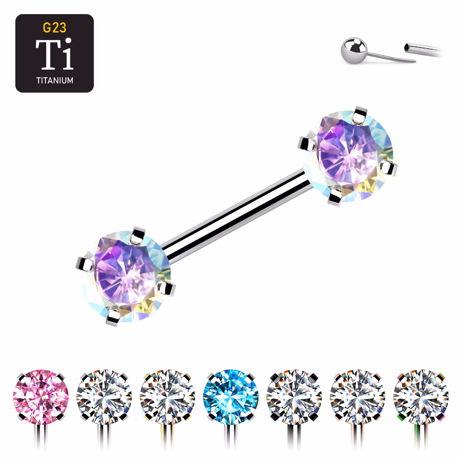 Titanium threadless barbell 1.6mm med 6mm rund prong-set cubic zirconia