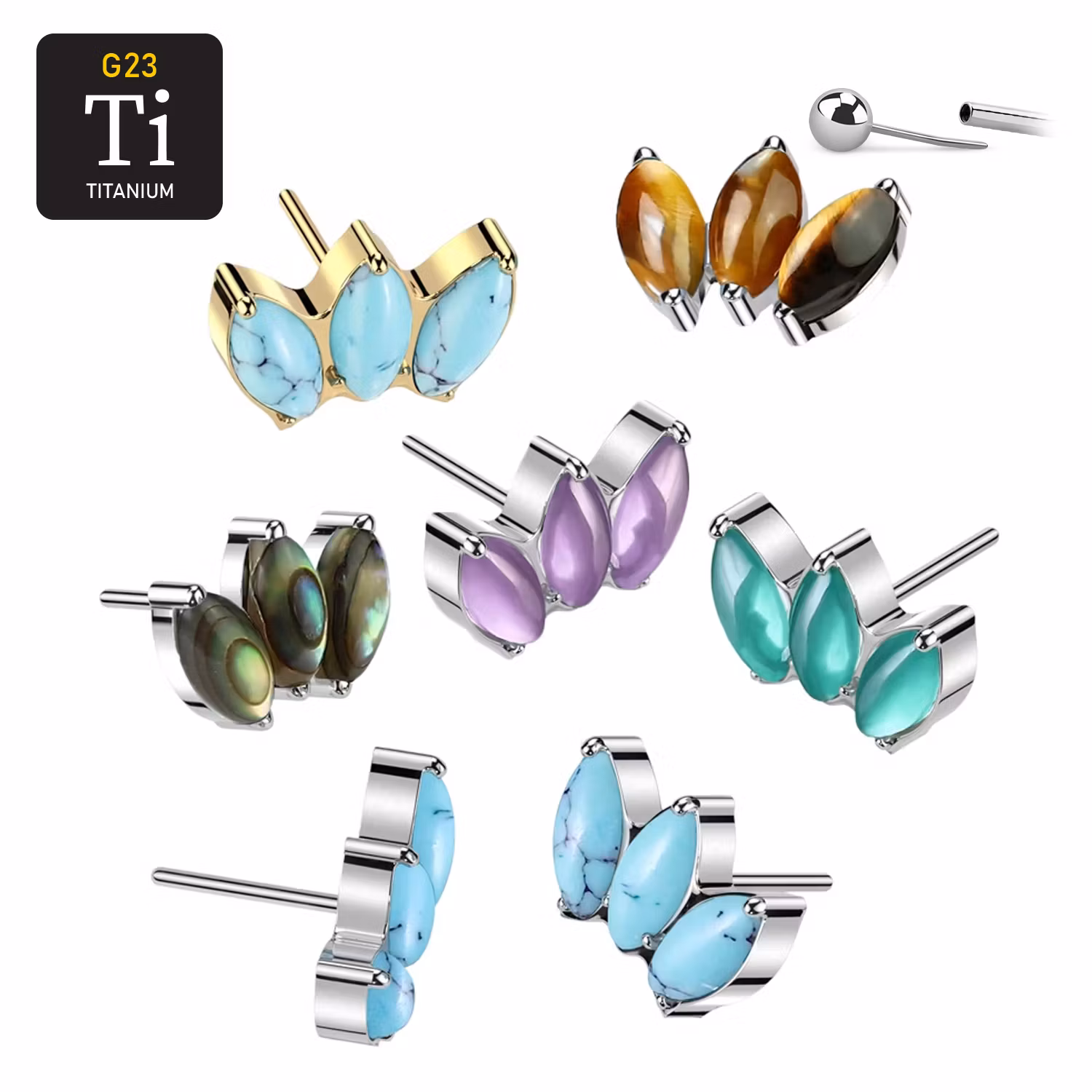 Threadless topp i titanium - trippel topp med naturliga stenar
