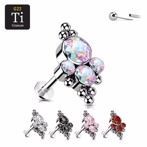Threadless labret 1.2mm i titanium - Topp med 4st CZ och bollkluster
