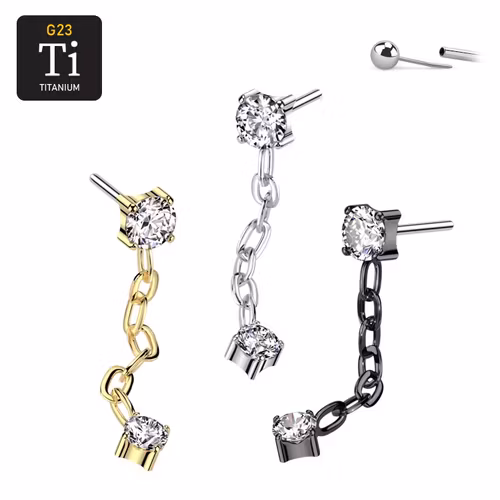 Threadless topp i titanium - Cubic zirconia topp med kedja och CZ i hänge
