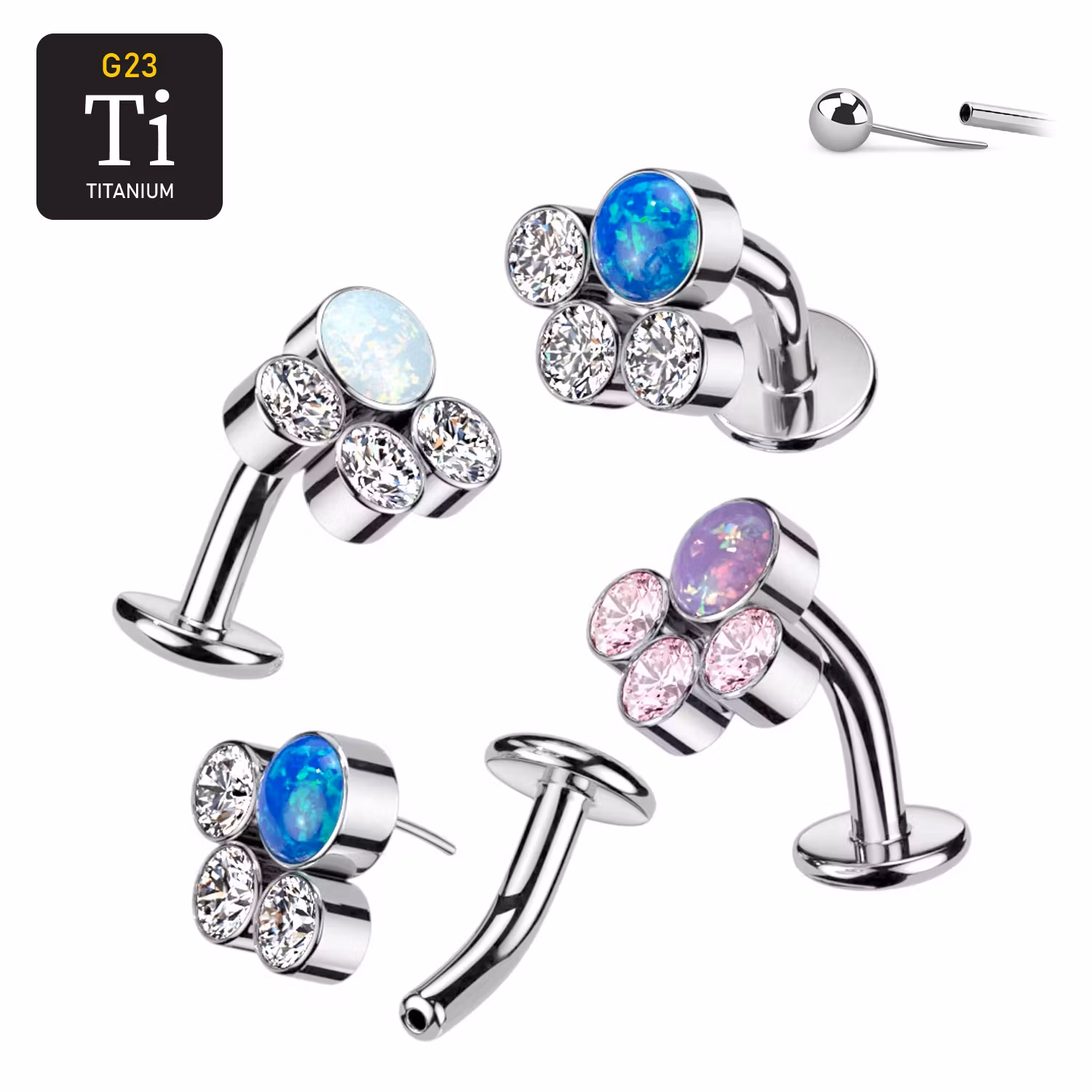 Threadless Navelsmycke i titanium Floating Navel - Kluster med 3st CZ och 1st opal
