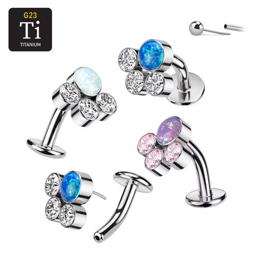 Threadless Navelsmycke i titanium Floating Navel - Kluster med 3st CZ och 1st opal