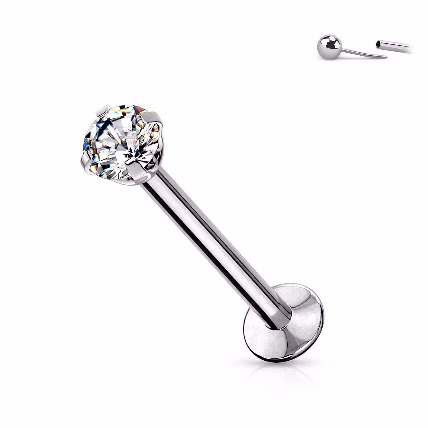 Threadless labret i 316L kirurgiskt stål 0.8mm med push-pin prong-set CZ