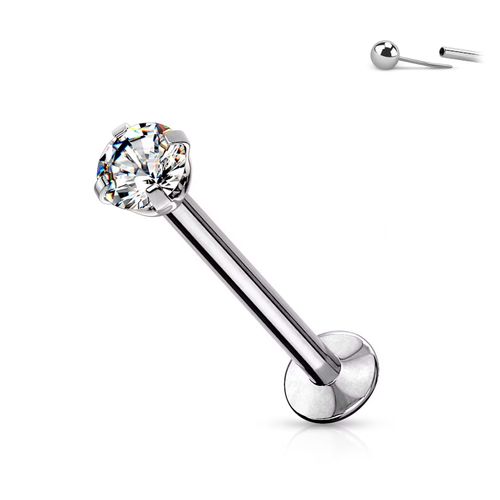 Threadless labret i 316L kirurgiskt stål 0.8mm med push-pin prong-set CZ
