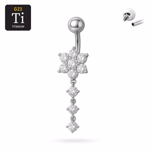 Titanium navelsmycke med blomma och 3 runda cubic zirconia i hänge