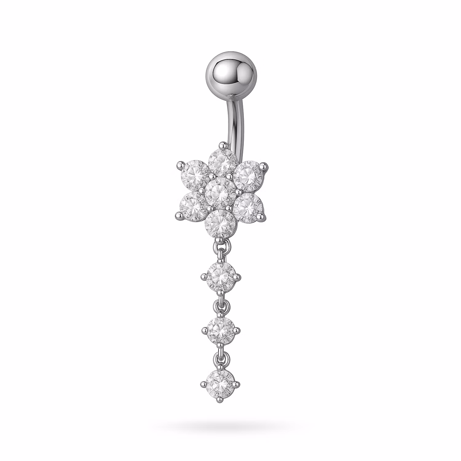 Titanium navelsmycke med blomma och 3 runda cubic zirconia i hänge