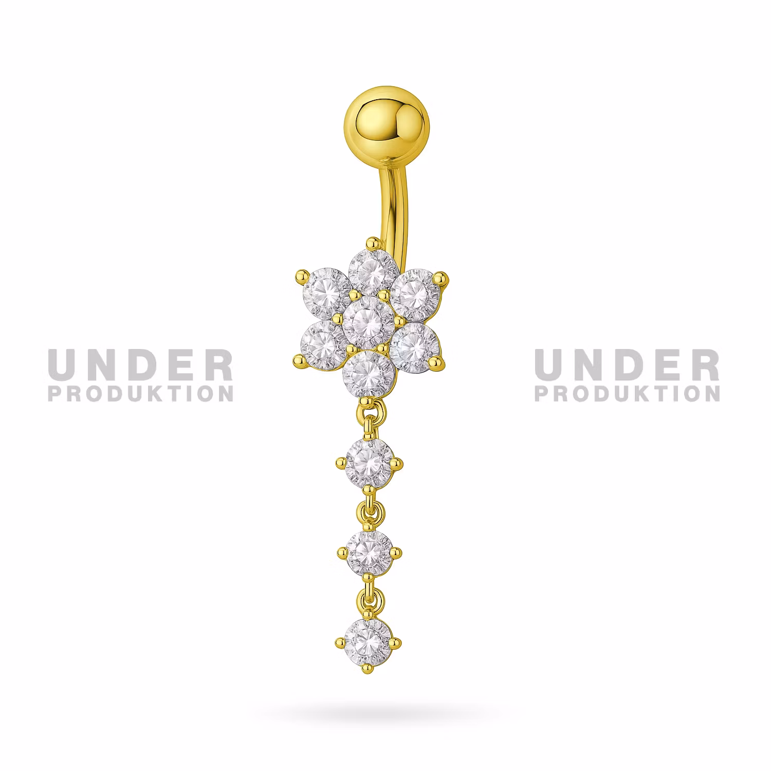 Titanium navelsmycke med blomma och 3 runda cubic zirconia i hänge
