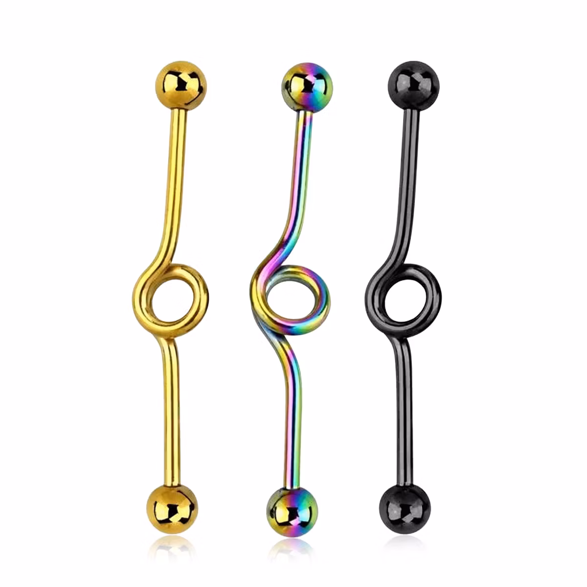 Industrial barbell i PVD-pläterad kirurgiskt stål 1.6mm med loop och kulor
