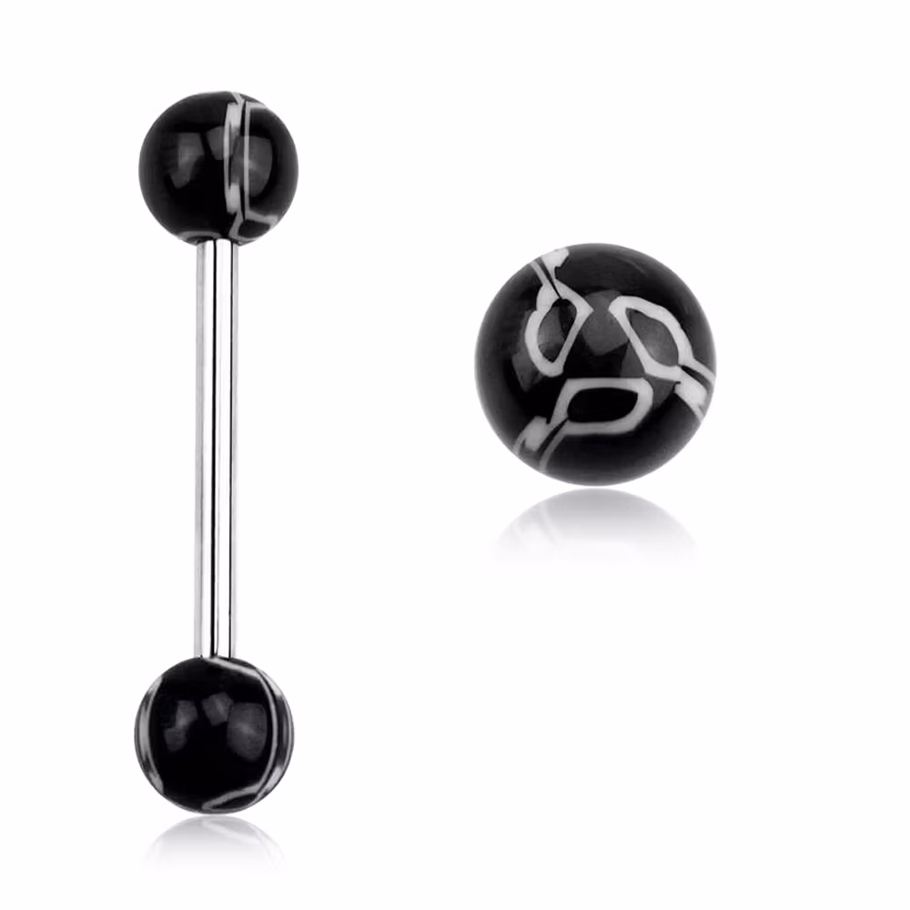 Barbell / tungstav 1.6mm med akrylkulor - svart/vit marmormönstrad