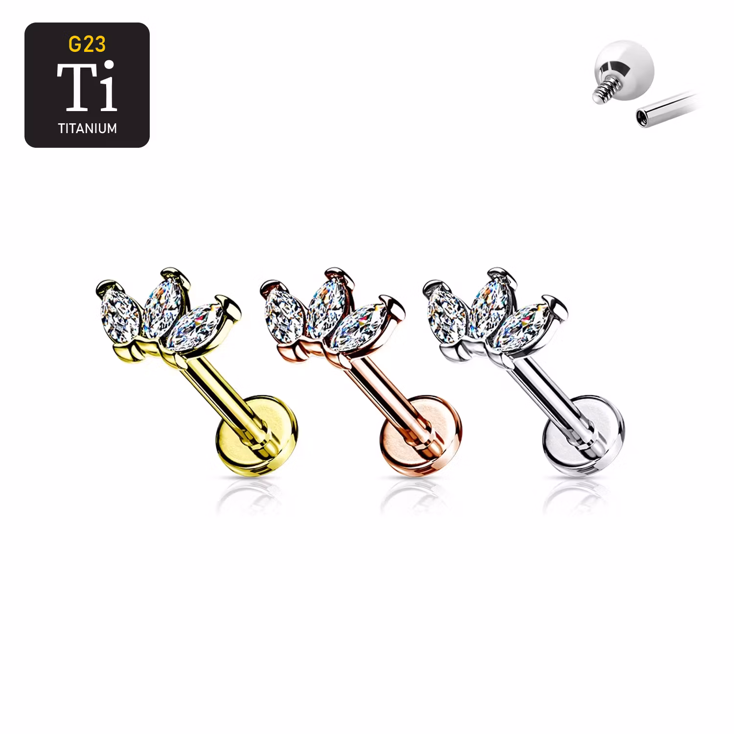 Labret i titanium 1.2mm - 3st navettslipade cubic zirconia