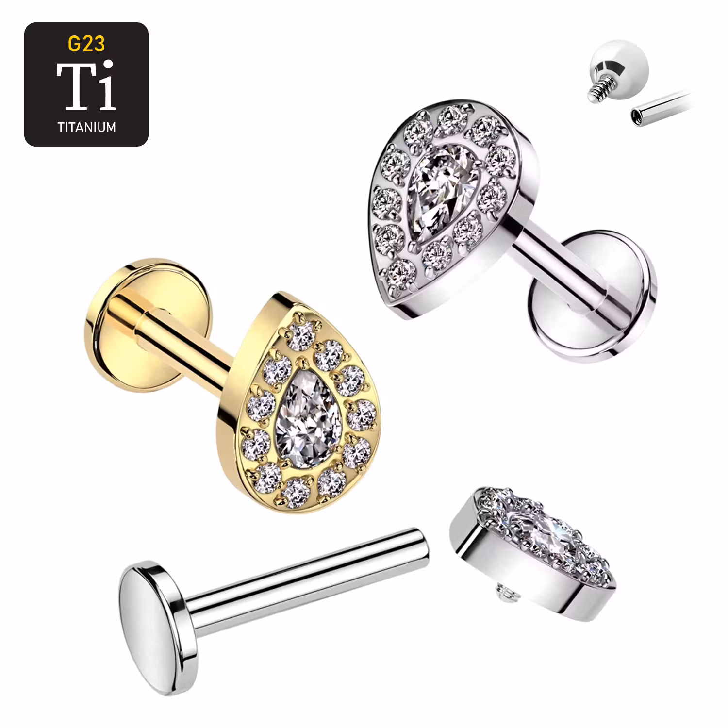 Labret i titanium 1.2mm - Droppformad topp med cubic zirconia