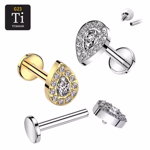 Labret i titanium 1.2mm - Droppformad topp med cubic zirconia