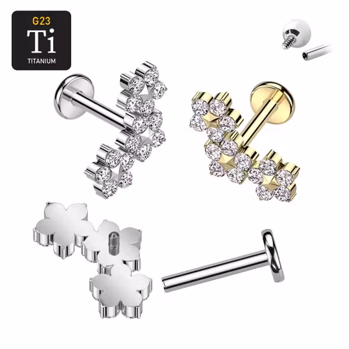 Labret i titanium 1.2mm - Trippel blomma med cubic zirconia