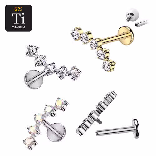Labret i titanium 1.2mm - Böjd topp med 5st cubic zirconia