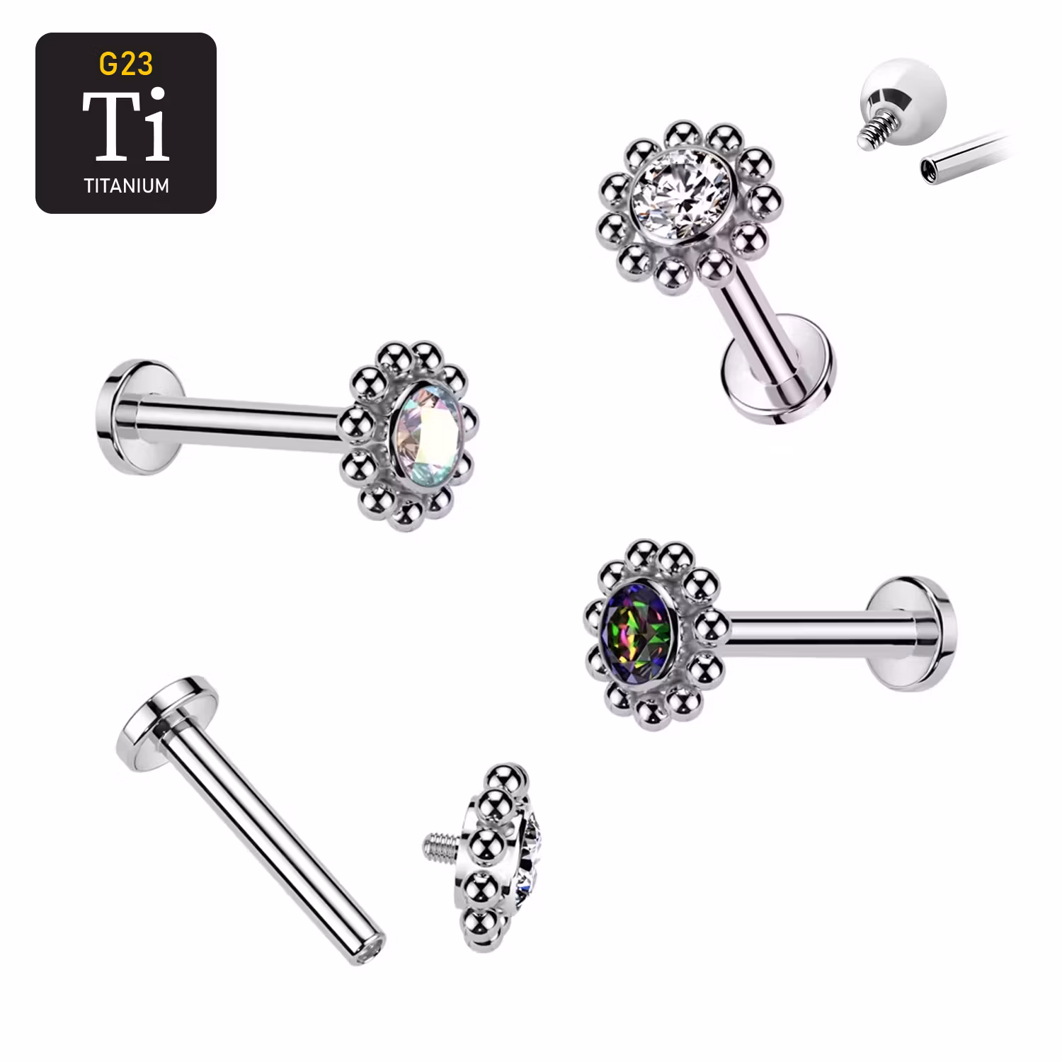Labret i titanium 1.2mm - Bollkluster / blomma med cubic zirconia