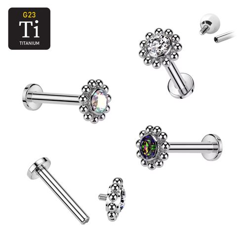 Labret i titanium 1.2mm - Bollkluster / blomma med cubic zirconia